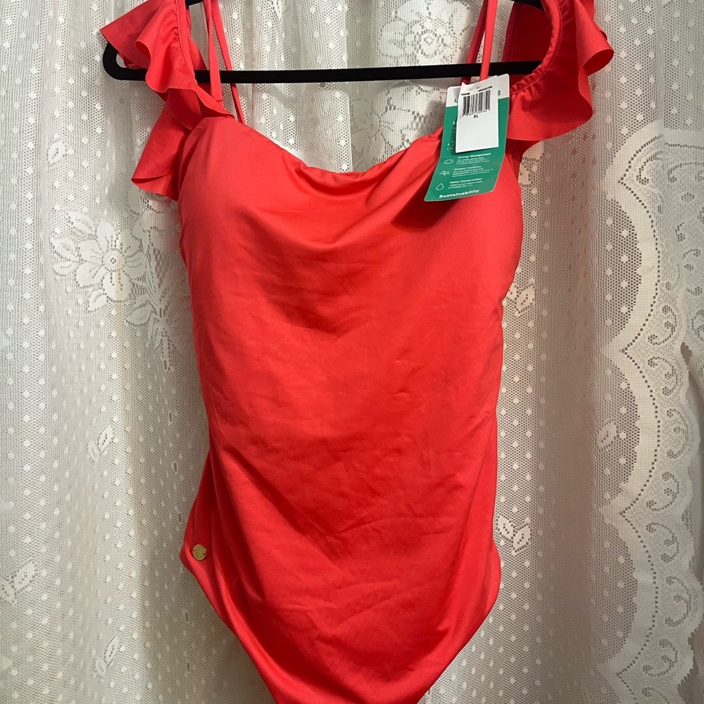 Red Ruffled Bodysuit One Piece Swimwear